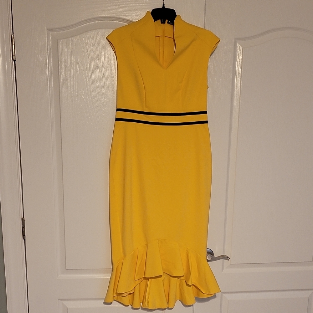 New York & Company Yellow Midi Dress with Black Trim